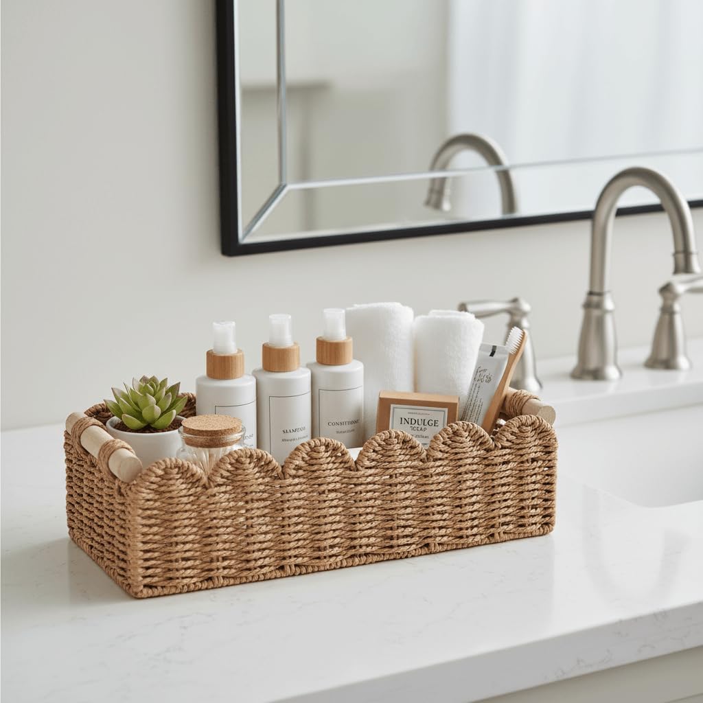 CubesLand Scalloped Toilet Paper Storage Basket W/Handle for Home Decor