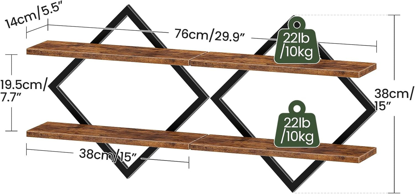 CHOEZON Floating Shelves, Set of 2 Wall Shelves, 2-Tier Hanging Shelves, Wall Shelf Set of 2, Wall Mounted Shelves, for Living Room, Bedroom, Kitchen, Office, Study, Rustic Brown TBJ01P2BF