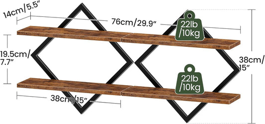 CHOEZON Floating Shelves, Set of 2 Wall Shelves, 2-Tier Hanging Shelves, Wall Shelf Set of 2, Wall Mounted Shelves, for Living Room, Bedroom, Kitchen, Office, Study, Rustic Brown TBJ01P2BF