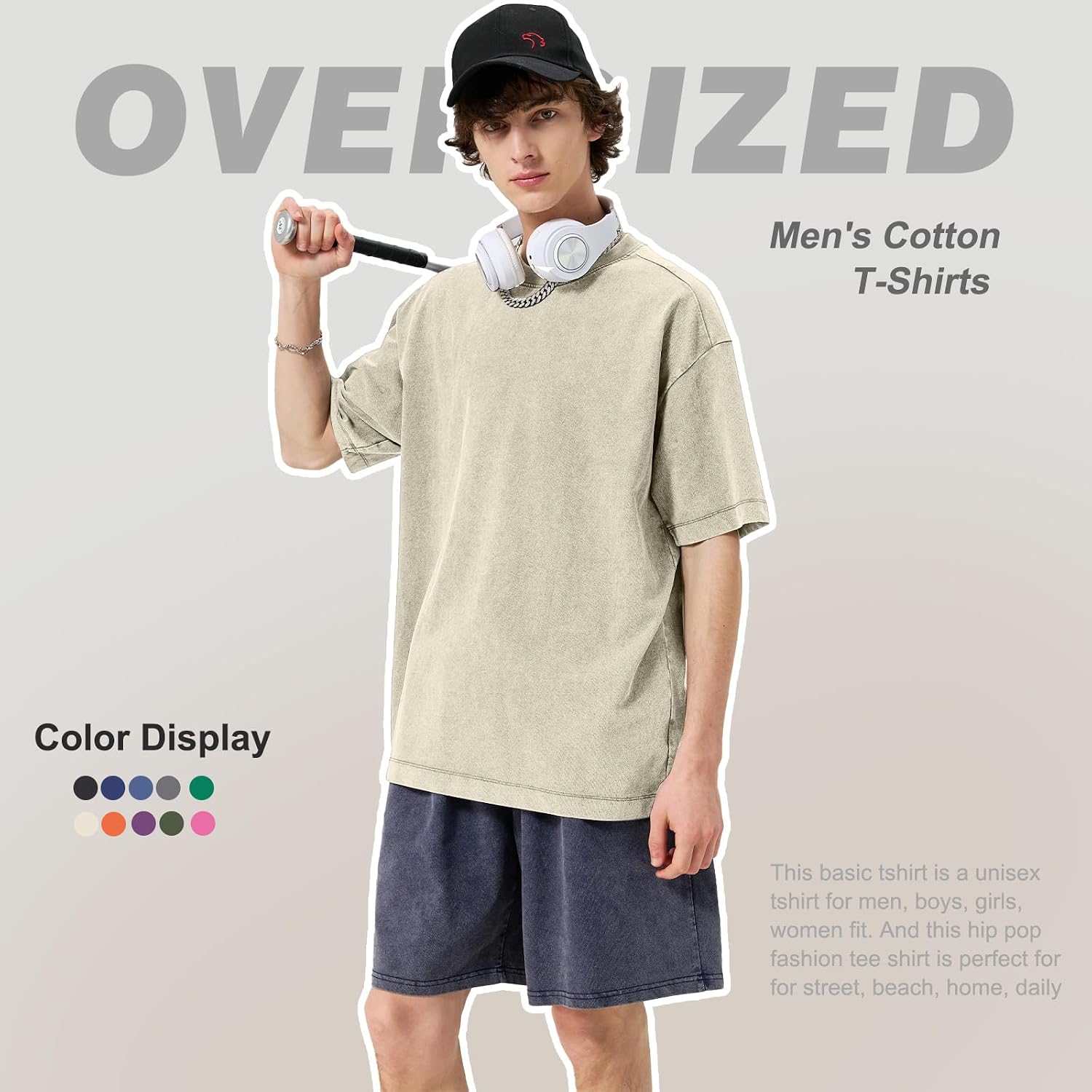 Men's Cotton T-Shirts Oversized Unisex Short Sleeves Casual Loose Wash Solid Basic Tee Tops