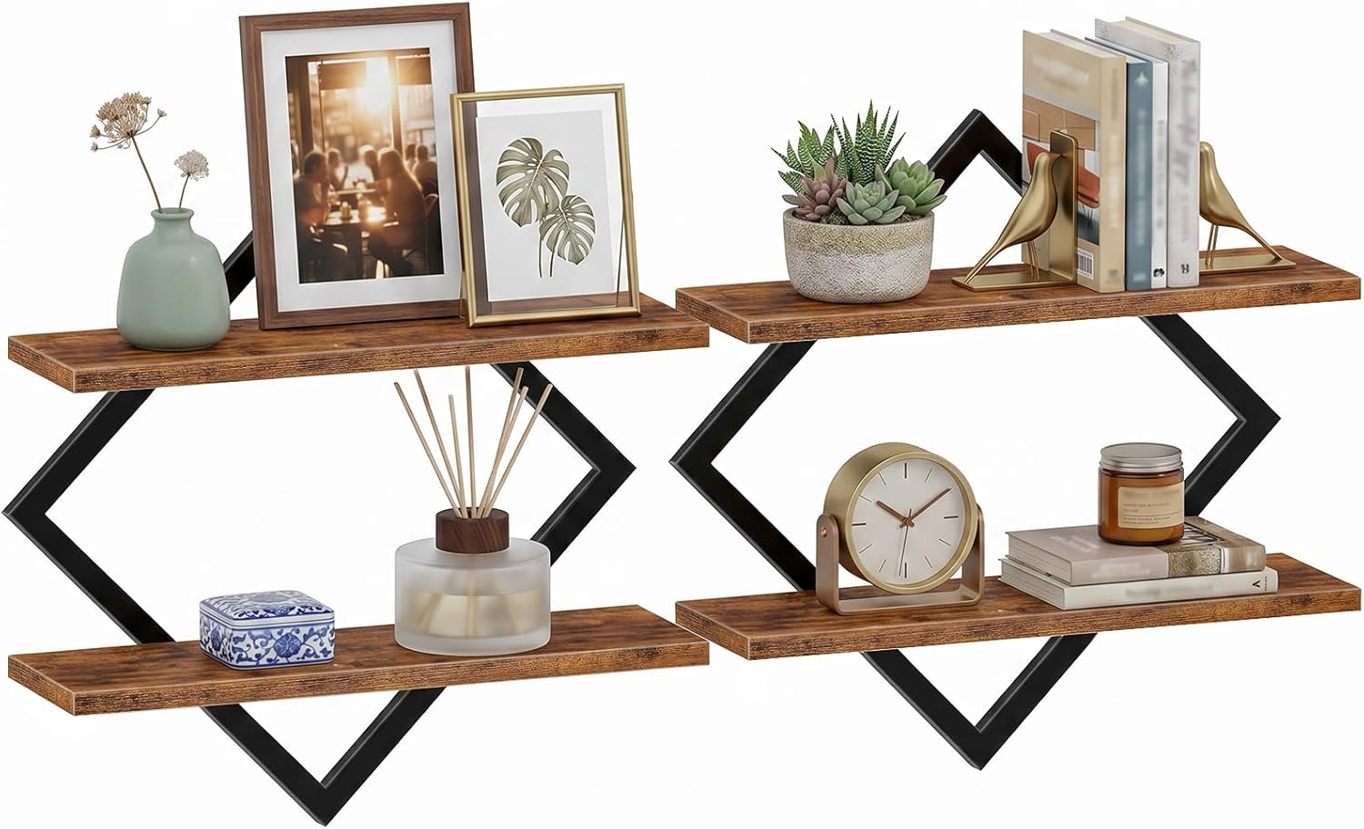 CHOEZON Floating Shelves, Set of 2 Wall Shelves, 2-Tier Hanging Shelves, Wall Shelf Set of 2, Wall Mounted Shelves, for Living Room, Bedroom, Kitchen, Office, Study, Rustic Brown TBJ01P2BF