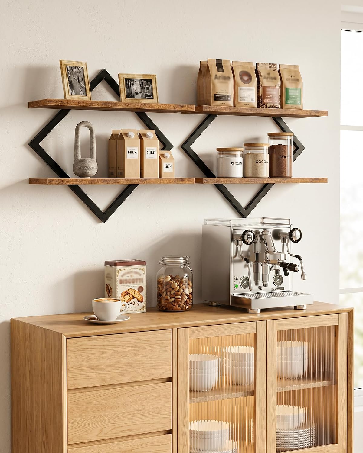 CHOEZON Floating Shelves, Set of 2 Wall Shelves, 2-Tier Hanging Shelves, Wall Shelf Set of 2, Wall Mounted Shelves, for Living Room, Bedroom, Kitchen, Office, Study, Rustic Brown TBJ01P2BF