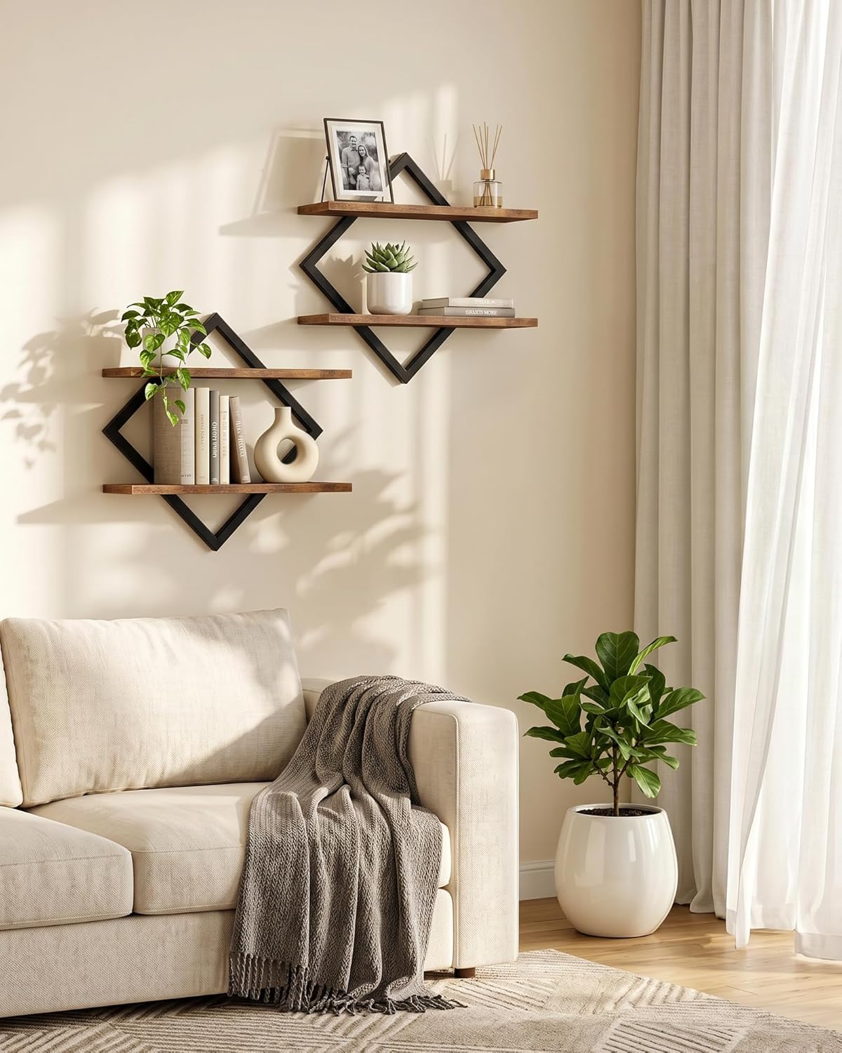 CHOEZON Floating Shelves, Set of 2 Wall Shelves, 2-Tier Hanging Shelves, Wall Shelf Set of 2, Wall Mounted Shelves, for Living Room, Bedroom, Kitchen, Office, Study, Rustic Brown TBJ01P2BF