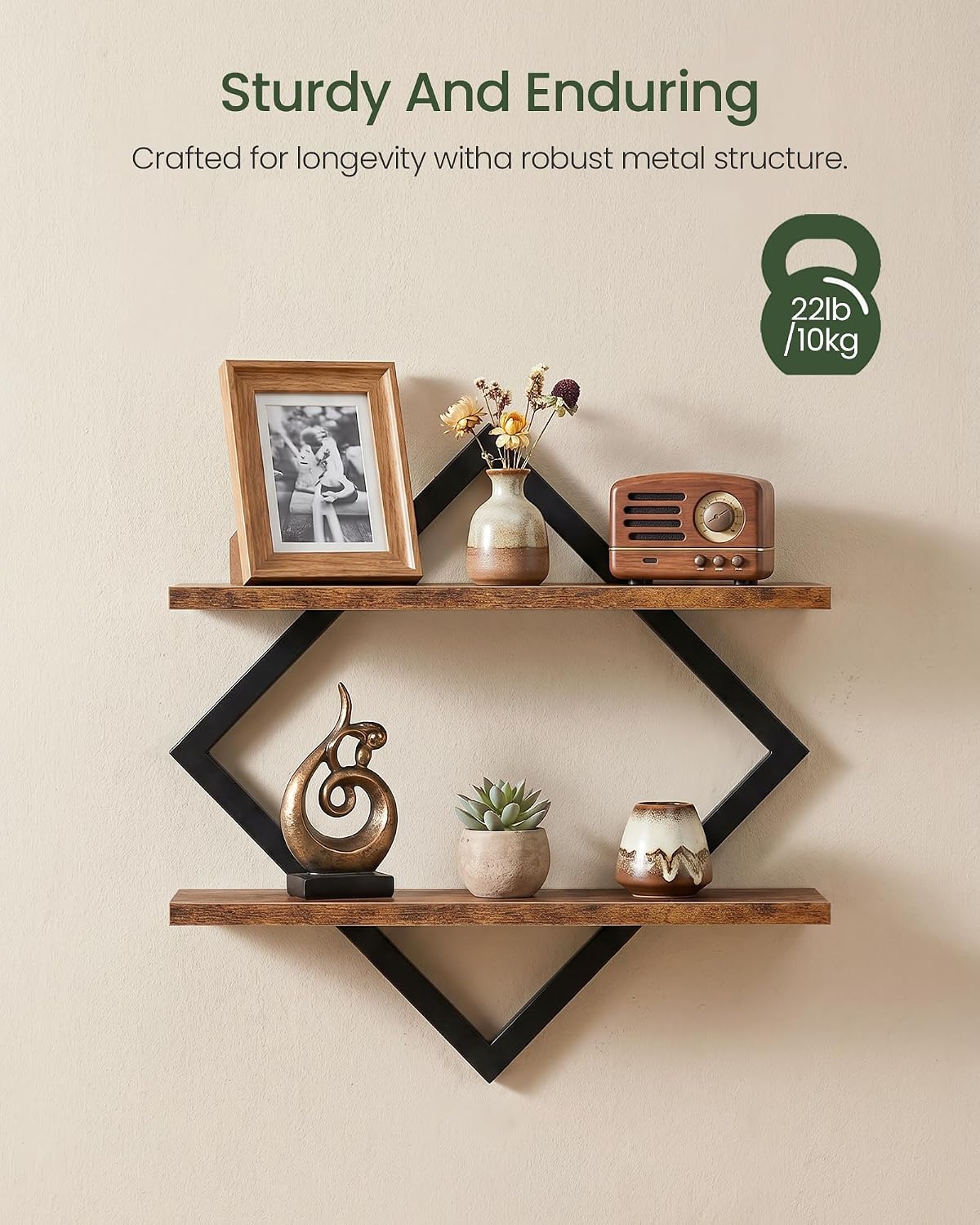 CHOEZON Floating Shelves, Set of 2 Wall Shelves, 2-Tier Hanging Shelves, Wall Shelf Set of 2, Wall Mounted Shelves, for Living Room, Bedroom, Kitchen, Office, Study, Rustic Brown TBJ01P2BF