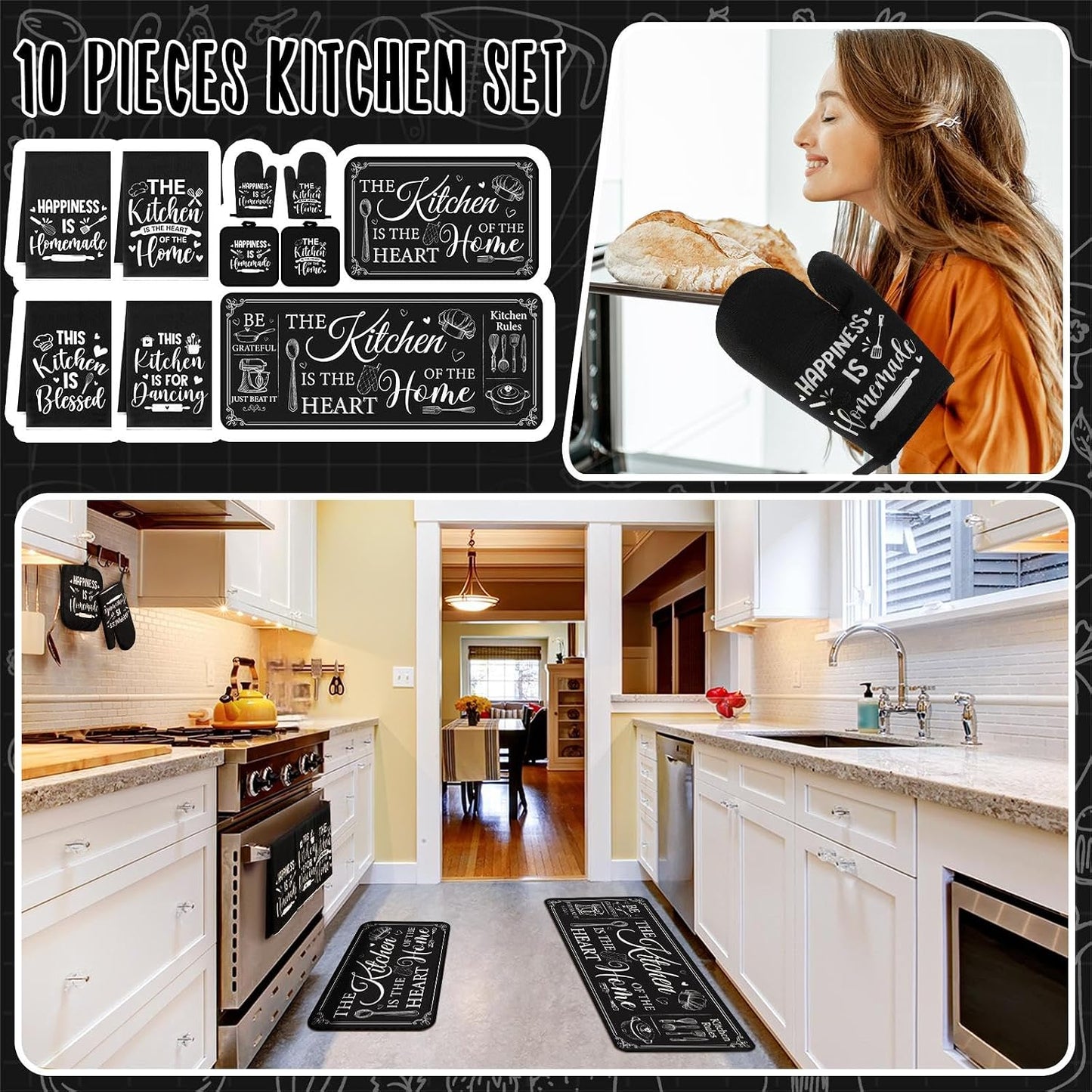 Fourluoo 10 Pcs Farmhouse Kitchen Decor and Accessories Set Black