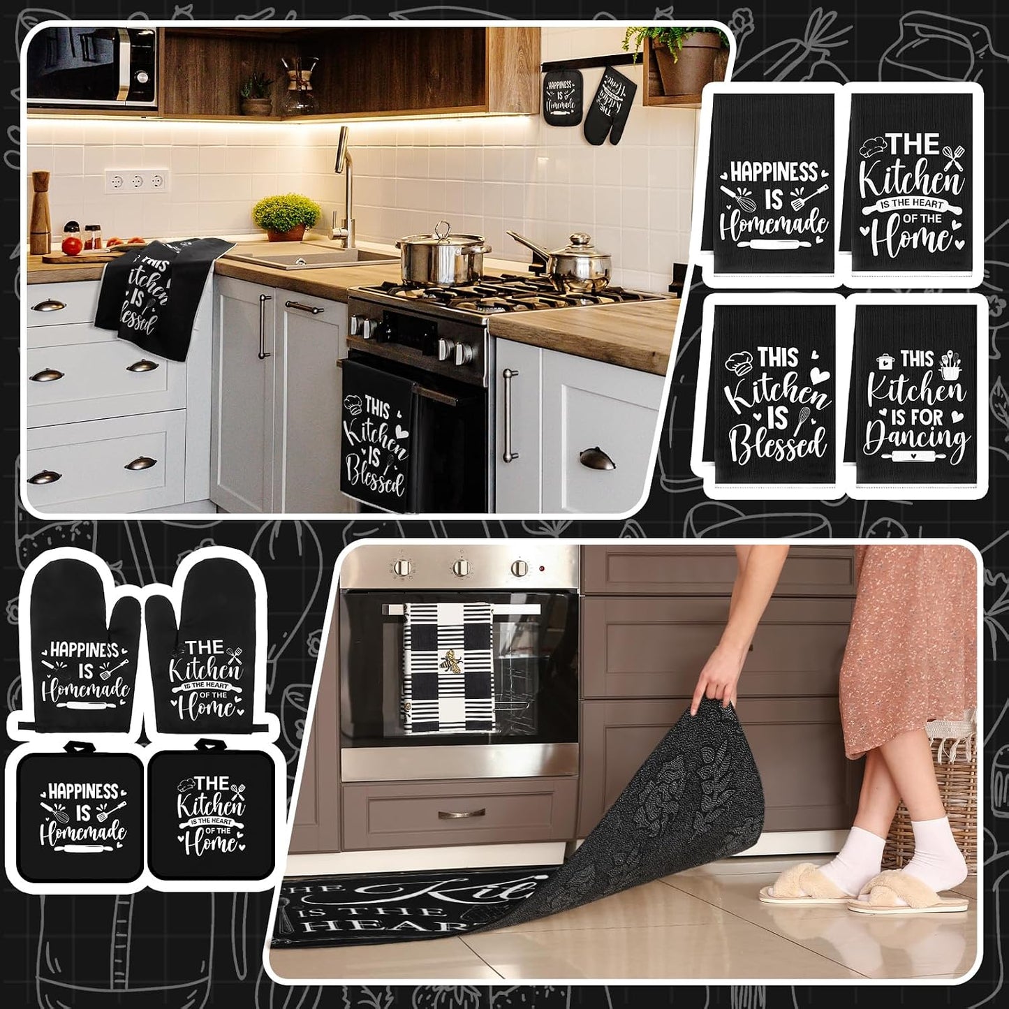 Fourluoo 10 Pcs Farmhouse Kitchen Decor and Accessories Set Black