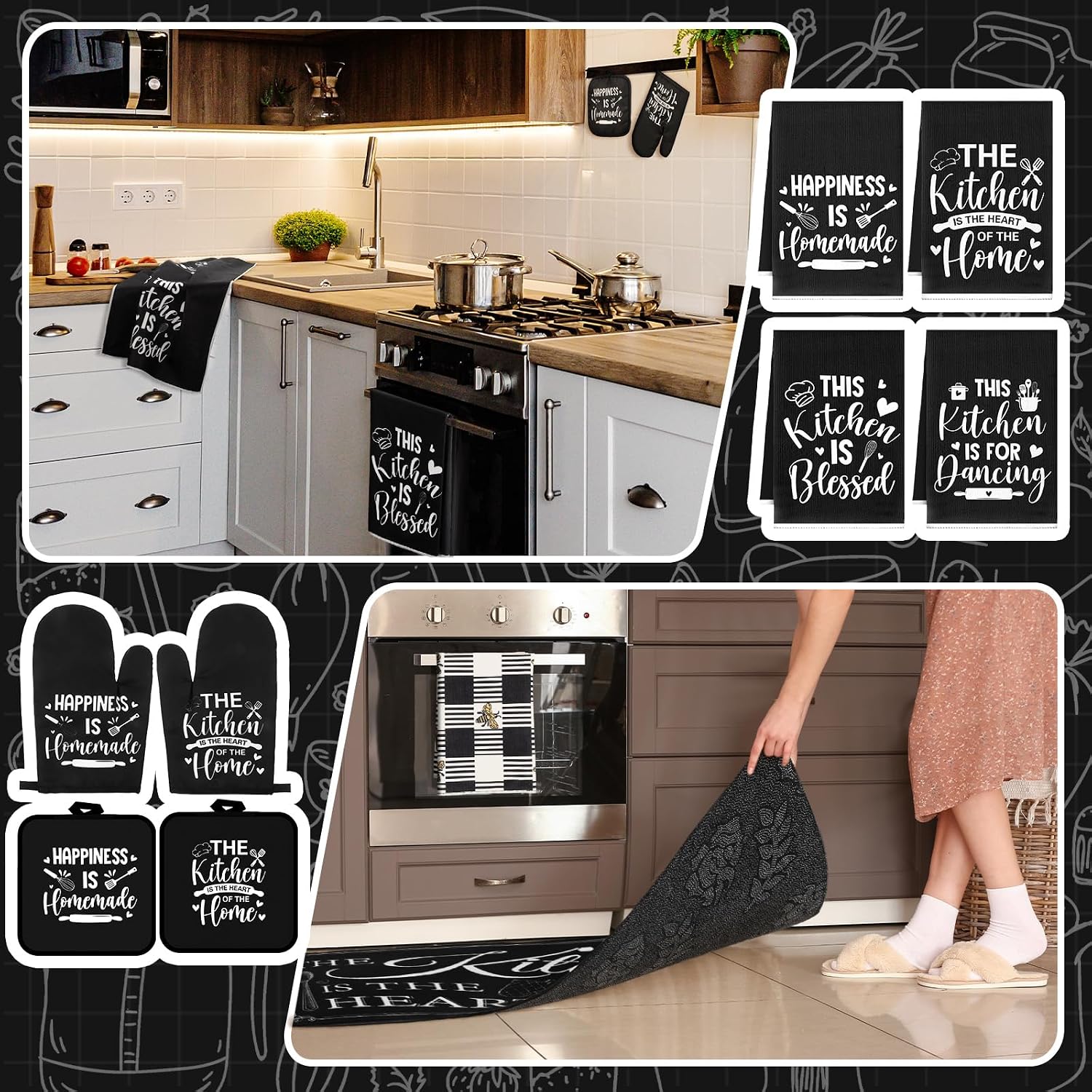 Fourluoo 10 Pcs Farmhouse Kitchen Decor and Accessories Set Black
